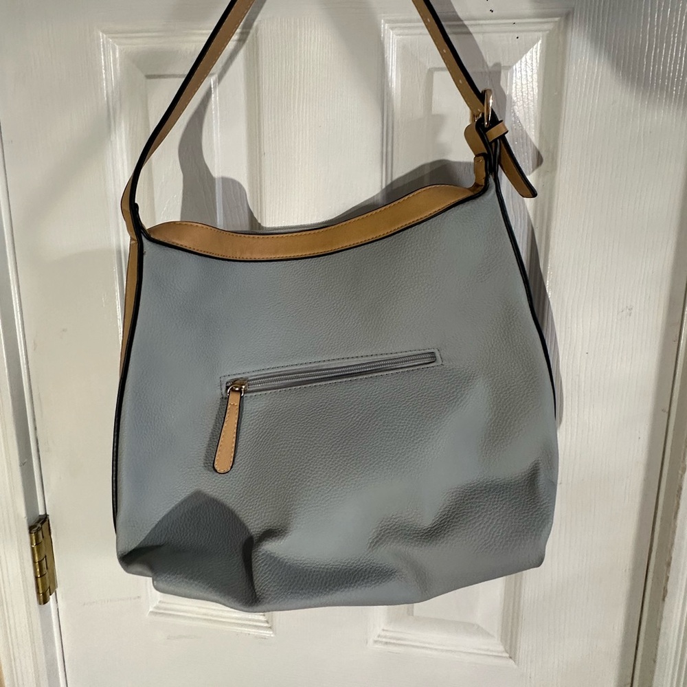 Louenhide Vegan Leather Tan And blue Saddle Bag Tote - Picture 2 of 8